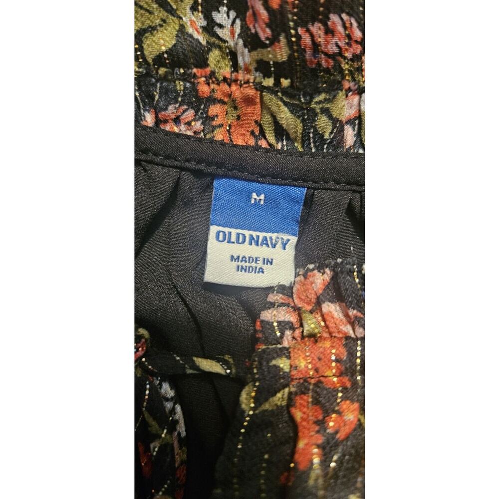 Old Navy Womens M Dark Floral Gold Metallic Midi Dress Smocked Waist Fairy Goth - Picture 6 of 11